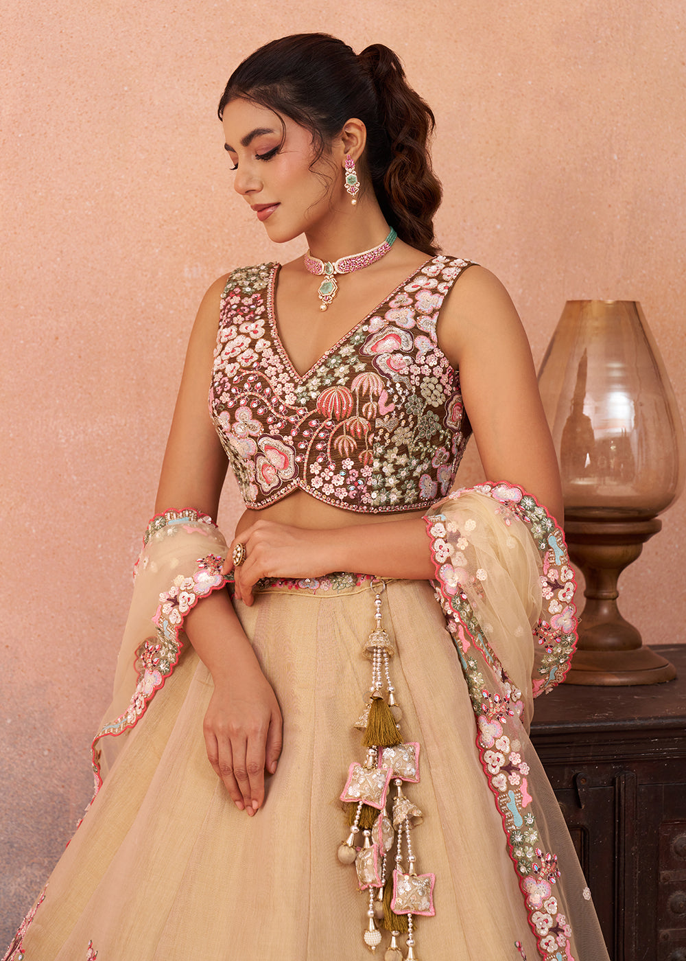Buy Now Cream & Coffee Embroidered Wedding Lehenga Choli Online in USA, UK, Canada, France, Italy, Germany, UAE, Swiss & Worldwide at Empress Clothing. Buy Now.