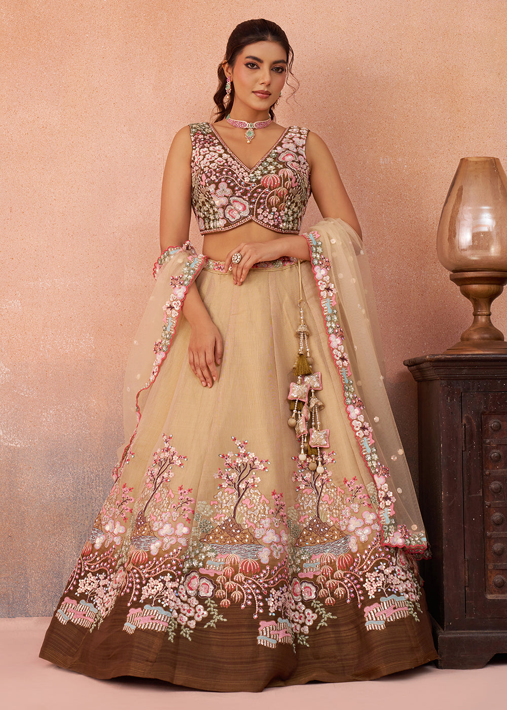 Buy Now Cream & Coffee Embroidered Wedding Lehenga Choli Online in USA, UK, Canada, France, Italy, Germany, UAE, Swiss & Worldwide at Empress Clothing. Buy Now.