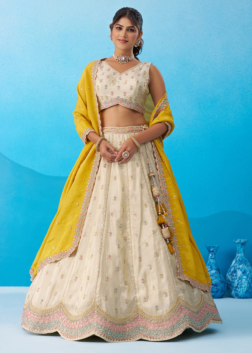 Buy Now Cream Premium Tissue Lehenga Choli with Mustard Dupatta Online in US, UK, Canada, France, Italy, Germany, Sweden, Denmark, UAE & Worldwide at Empress.