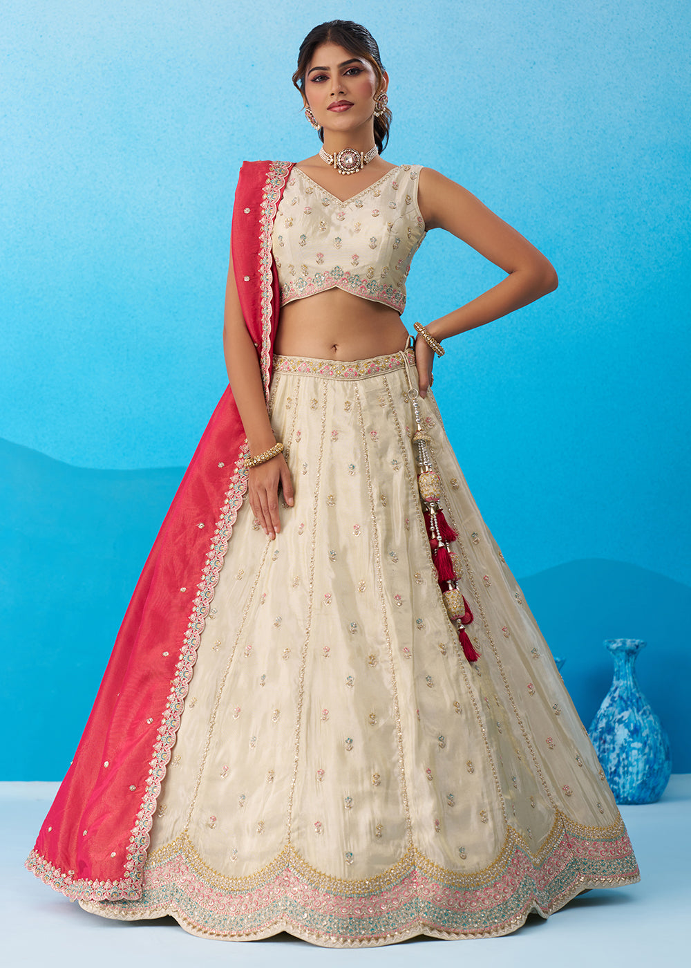 Buy Now Cream Premium Tissue Lehenga Choli with Pink Dupatta Online in US, UK, Canada, France, Italy, Germany, Sweden, Denmark, UAE & Worldwide at Empress.
