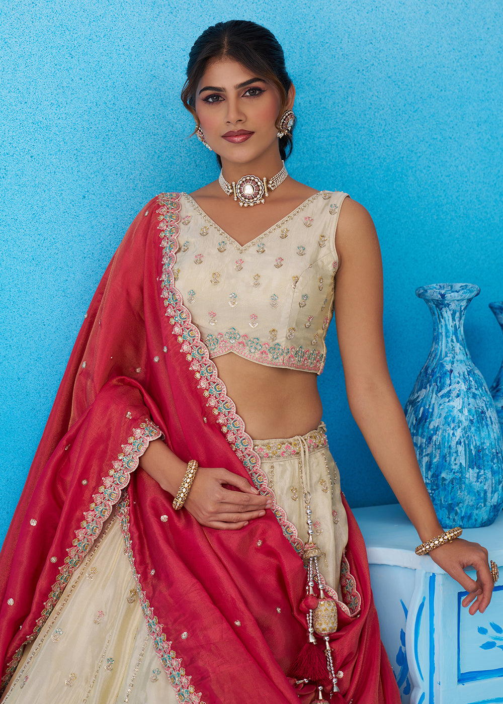 Buy Now Cream Premium Tissue Lehenga Choli with Pink Dupatta Online in US, UK, Canada, France, Italy, Germany, Sweden, Denmark, UAE & Worldwide at Empress.