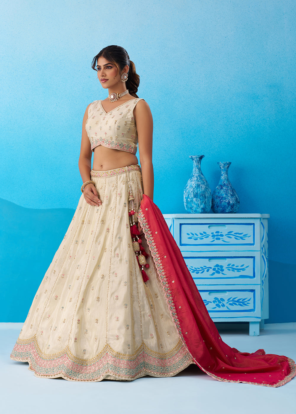 Buy Now Cream Premium Tissue Lehenga Choli with Pink Dupatta Online in US, UK, Canada, France, Italy, Germany, Sweden, Denmark, UAE & Worldwide at Empress.
