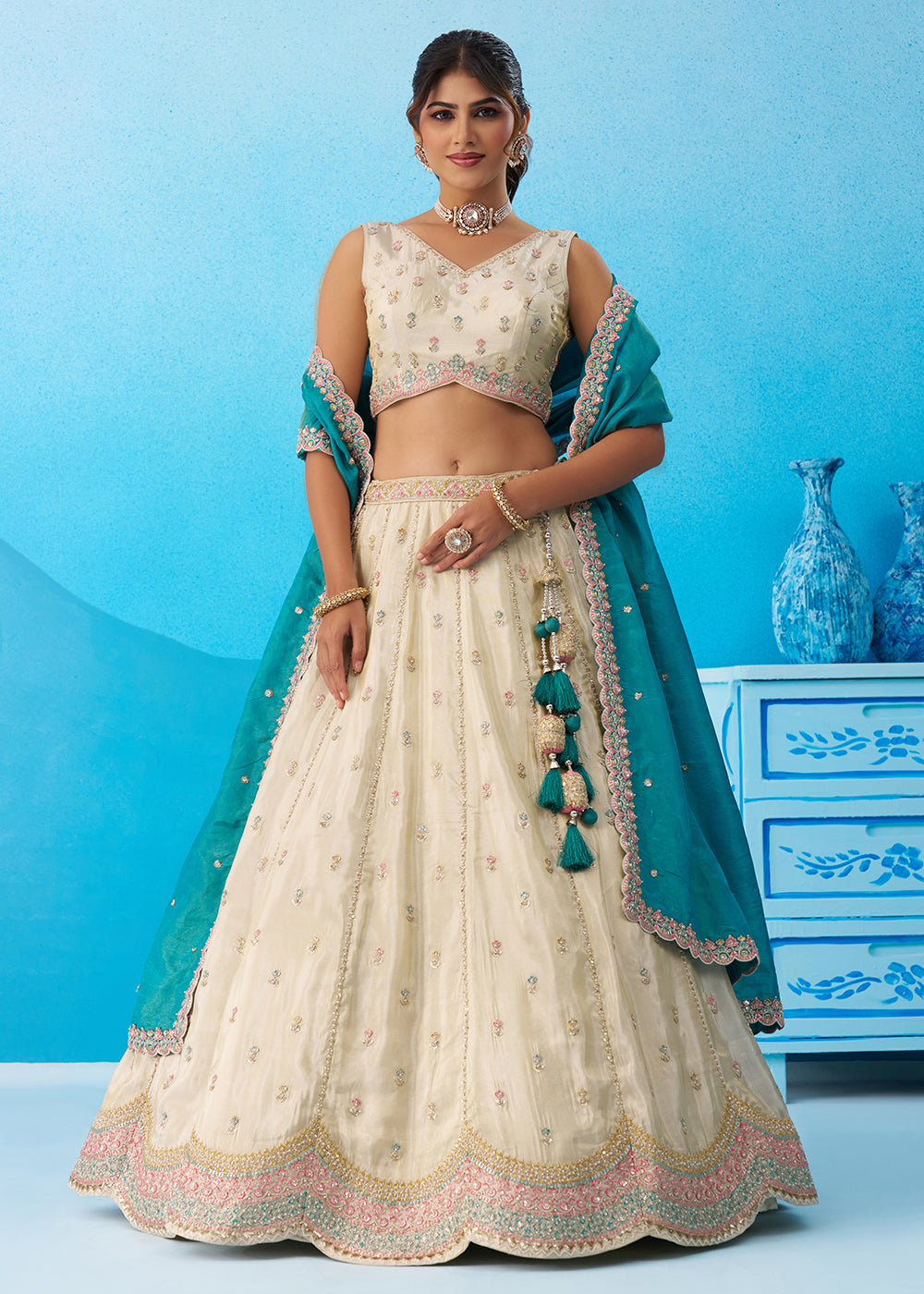 Buy Now Cream Premium Tissue Lehenga Choli with Rama Dupatta Online in US, UK, Canada, France, Italy, Germany, Sweden, Denmark, UAE & Worldwide at Empress.