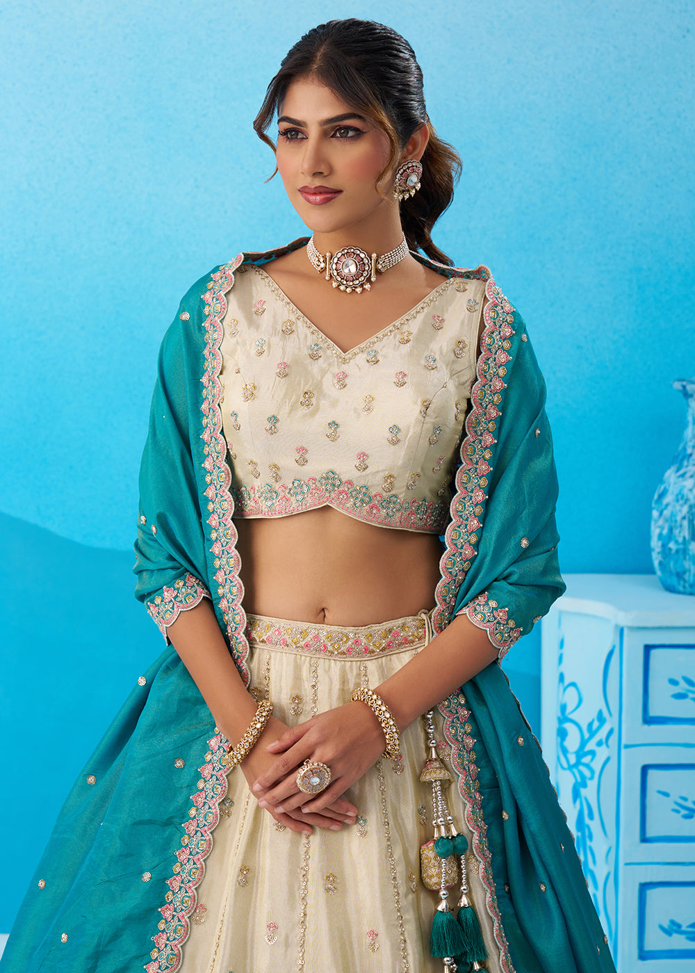 Buy Now Cream Premium Tissue Lehenga Choli with Rama Dupatta Online in US, UK, Canada, France, Italy, Germany, Sweden, Denmark, UAE & Worldwide at Empress.