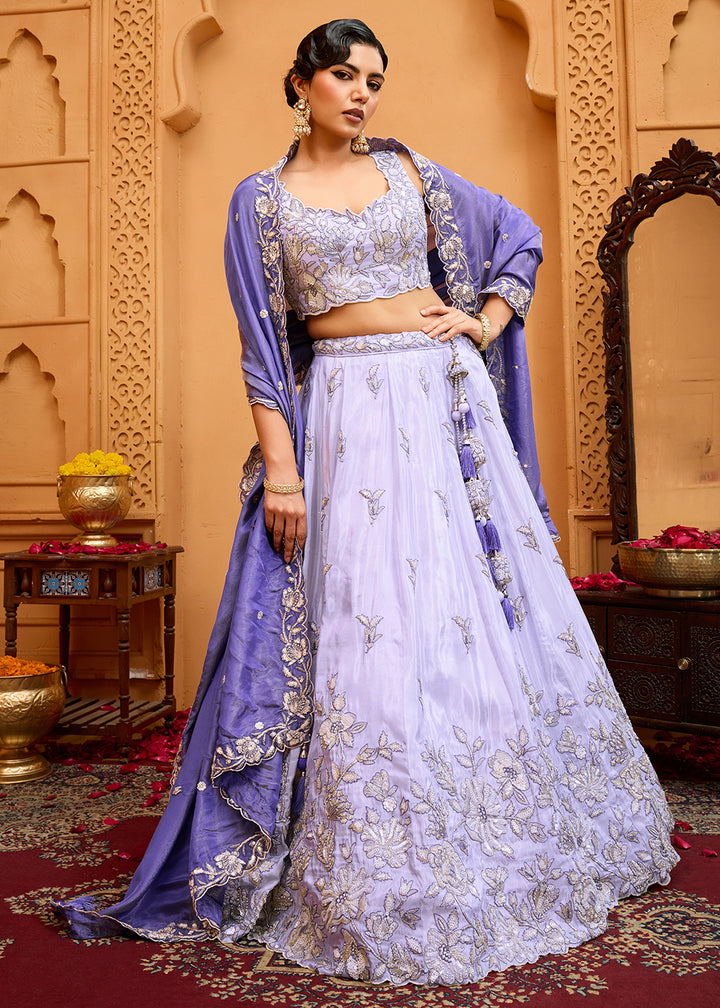 Buy Now Premium Tissue Fabric Lavender Wedding Lehenga Choli Online in US, UK, Canada, France, Italy, Germany, Sweden, Denmark, Greece & Worldwide at Empress.