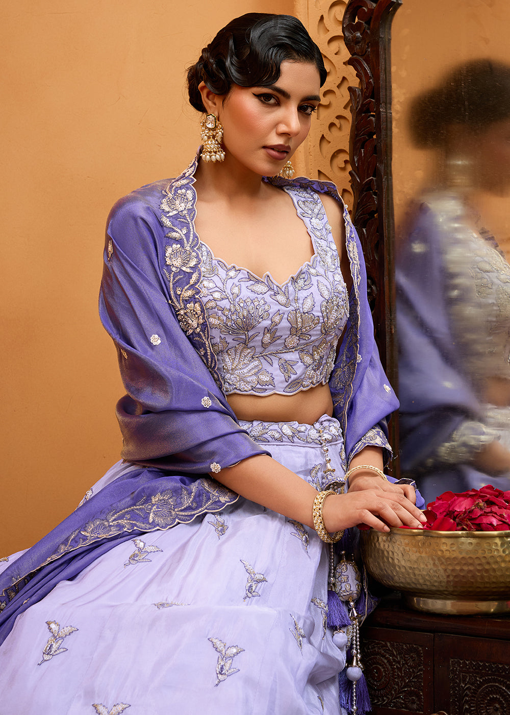 Buy Now Premium Tissue Fabric Lavender Wedding Lehenga Choli Online in US, UK, Canada, France, Italy, Germany, Sweden, Denmark, Greece & Worldwide at Empress.