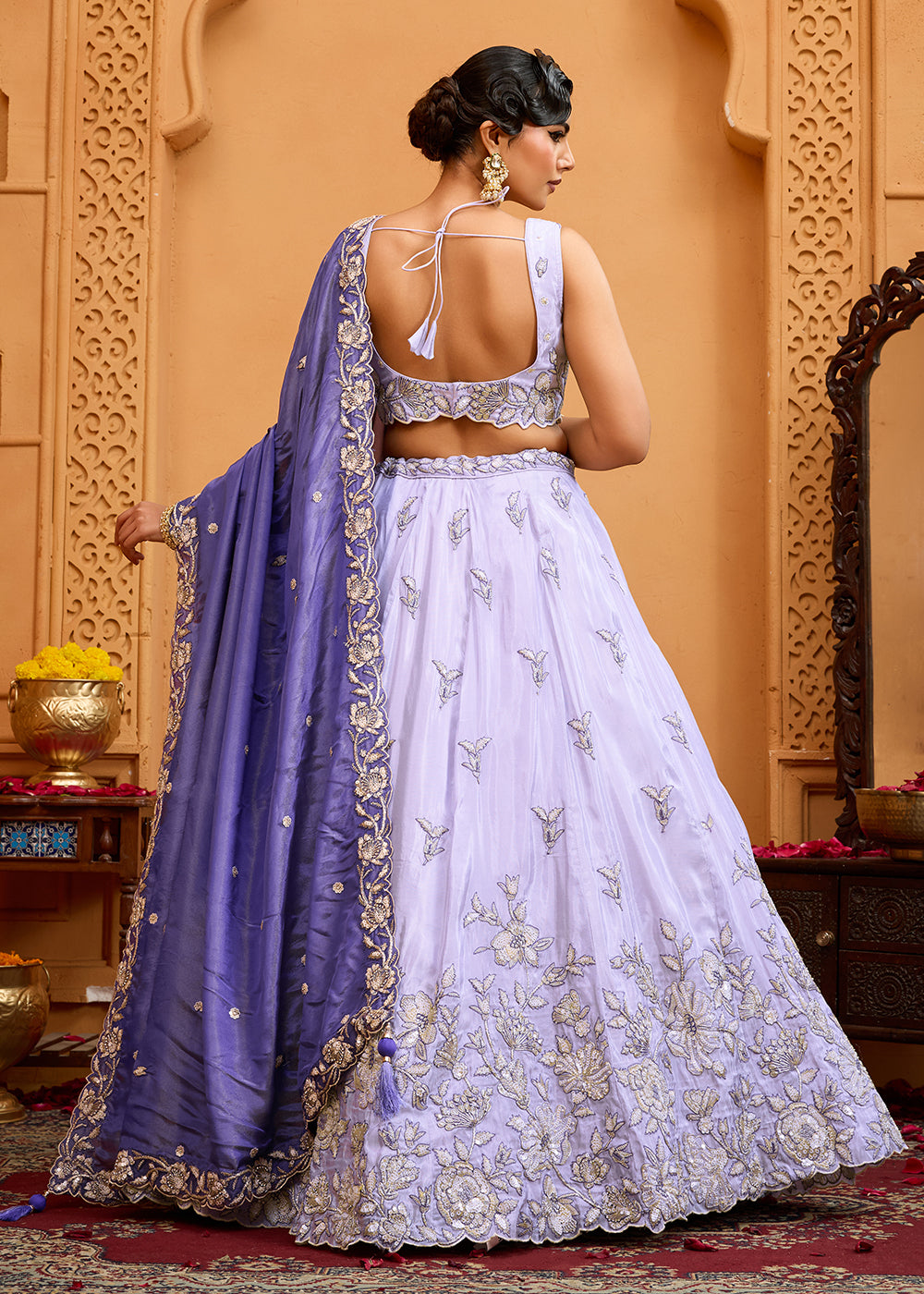 Buy Now Premium Tissue Fabric Lavender Wedding Lehenga Choli Online in US, UK, Canada, France, Italy, Germany, Sweden, Denmark, Greece & Worldwide at Empress.