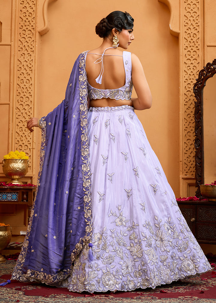 Buy Now Premium Tissue Fabric Lavender Wedding Lehenga Choli Online in US, UK, Canada, France, Italy, Germany, Sweden, Denmark, Greece & Worldwide at Empress.