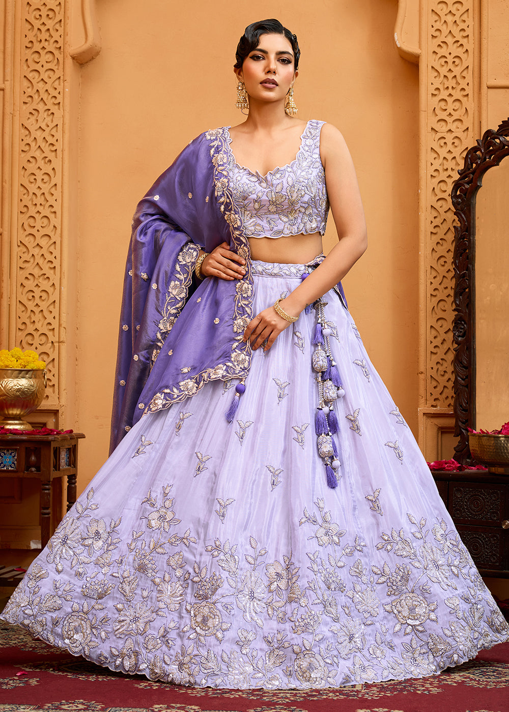 Buy Now Premium Tissue Fabric Lavender Wedding Lehenga Choli Online in US, UK, Canada, France, Italy, Germany, Sweden, Denmark, Greece & Worldwide at Empress.