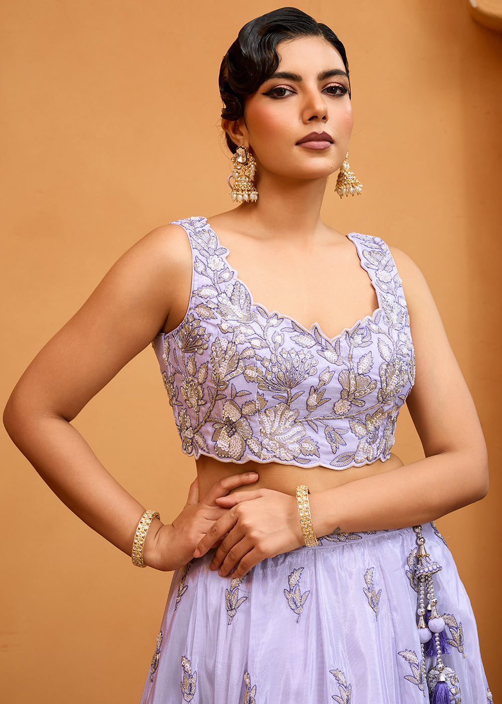 Buy Now Premium Tissue Fabric Lavender Wedding Lehenga Choli Online in US, UK, Canada, France, Italy, Germany, Sweden, Denmark, Greece & Worldwide at Empress.