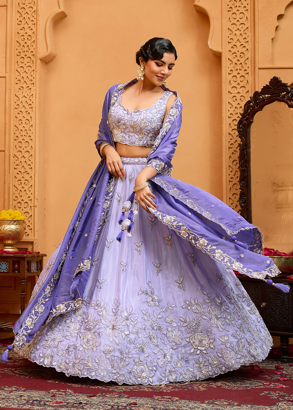 Buy Now Premium Tissue Fabric Lavender Wedding Lehenga Choli Online in US, UK, Canada, France, Italy, Germany, Sweden, Denmark, Greece & Worldwide at Empress.