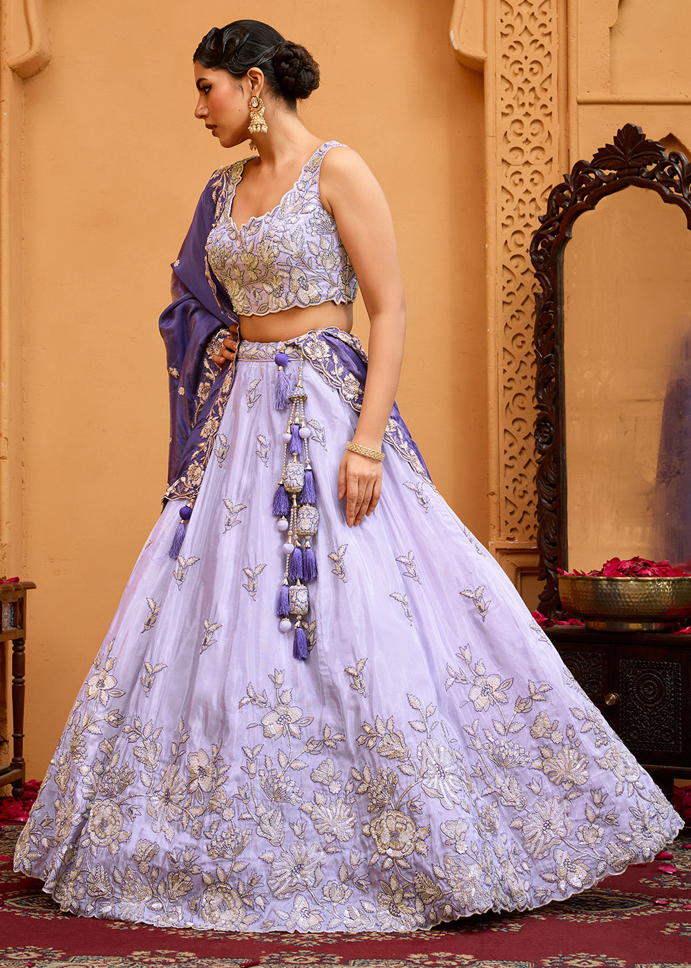 Buy Now Premium Tissue Fabric Lavender Wedding Lehenga Choli Online in US, UK, Canada, France, Italy, Germany, Sweden, Denmark, Greece & Worldwide at Empress.