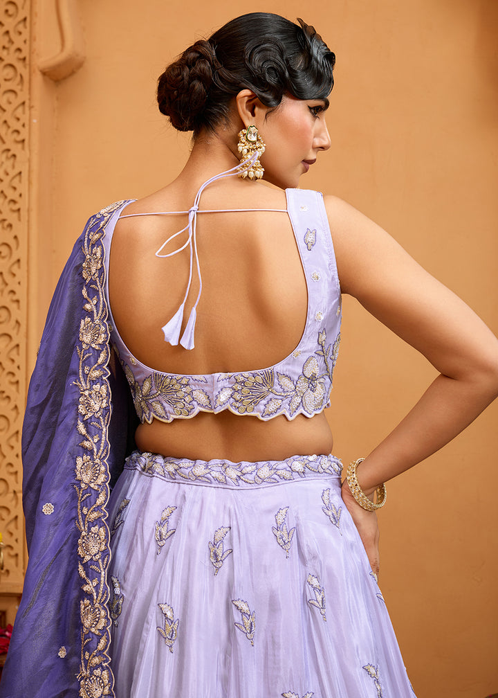 Buy Now Premium Tissue Fabric Lavender Wedding Lehenga Choli Online in US, UK, Canada, France, Italy, Germany, Sweden, Denmark, Greece & Worldwide at Empress.