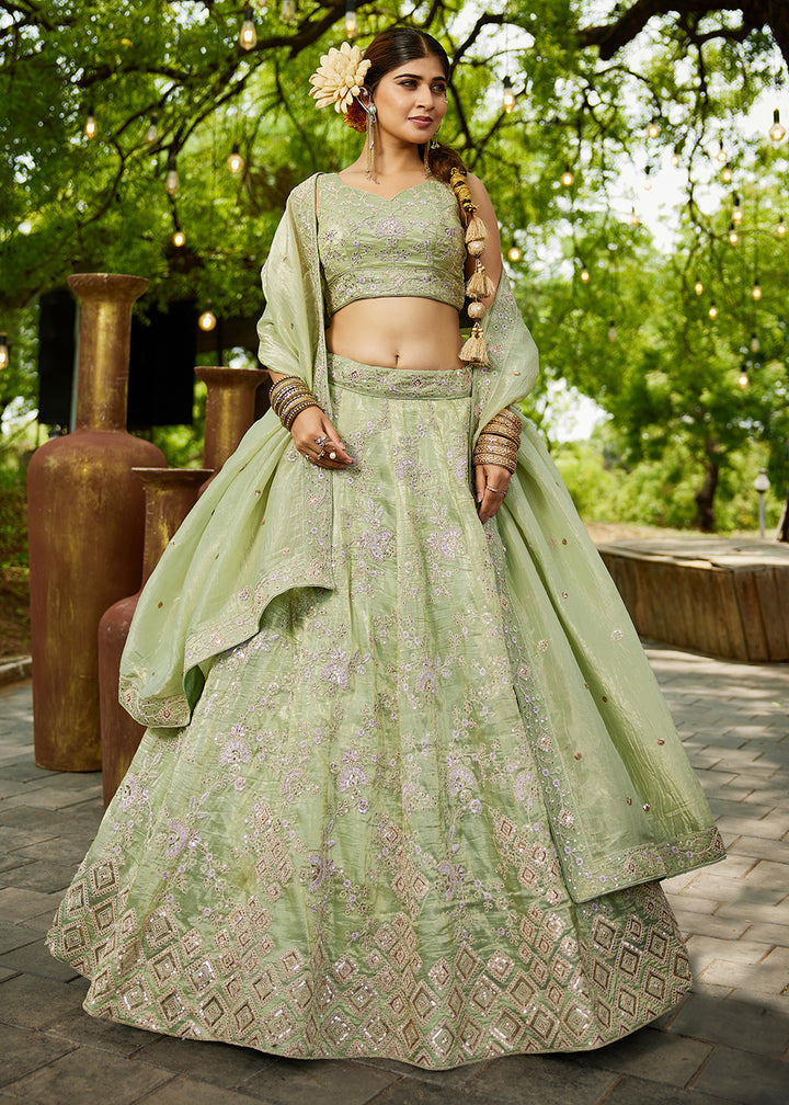 Buy Now Tissue Material Lime Green Wedding Party Lehenga Choli Online in USA, UK, Canada, France, Italy, Germany, Denmark, UAE & Worldwide at Empress Clothing.