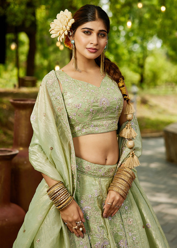 Buy Now Tissue Material Lime Green Wedding Party Lehenga Choli Online in USA, UK, Canada, France, Italy, Germany, Denmark, UAE & Worldwide at Empress Clothing.