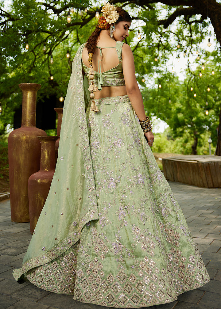 Buy Now Tissue Material Lime Green Wedding Party Lehenga Choli Online in USA, UK, Canada, France, Italy, Germany, Denmark, UAE & Worldwide at Empress Clothing.