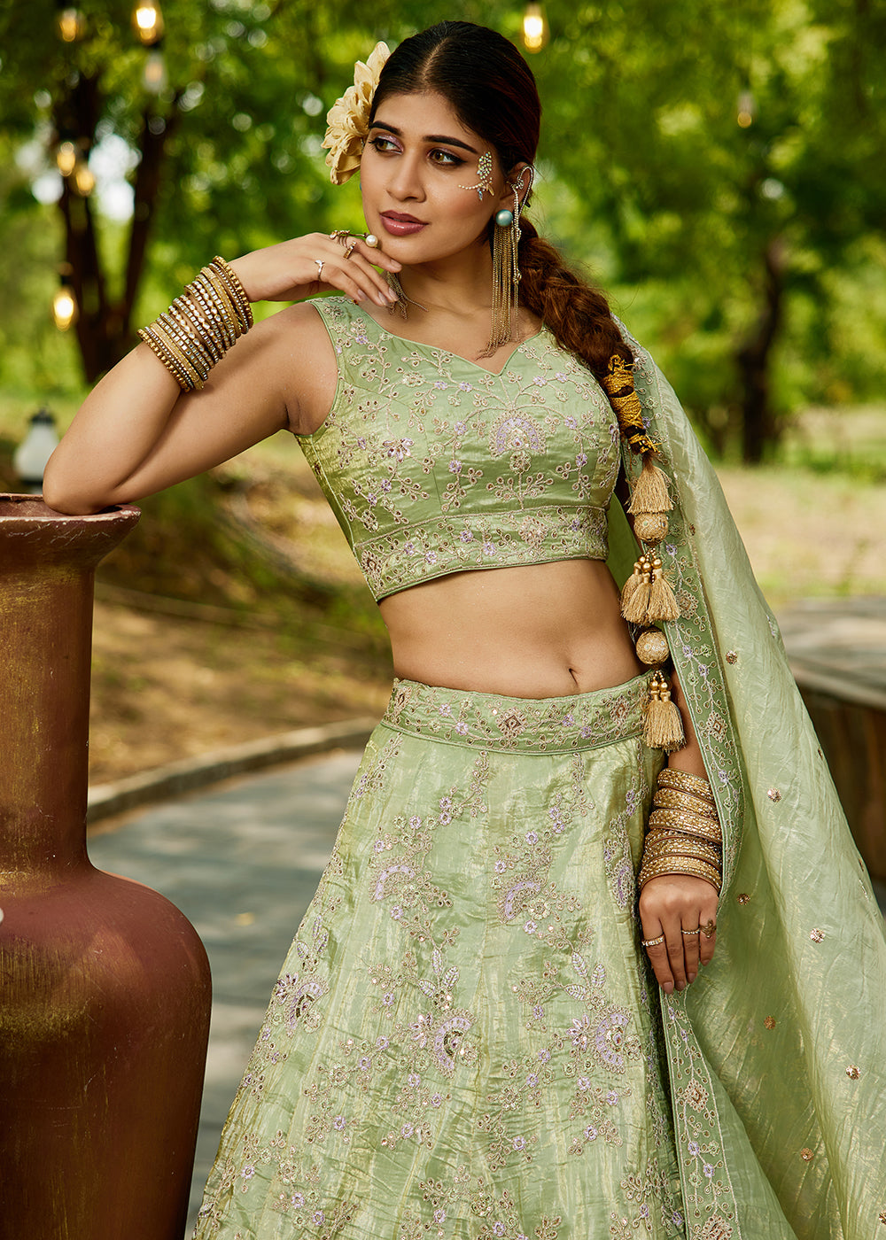 Buy Now Tissue Material Lime Green Wedding Party Lehenga Choli Online in USA, UK, Canada, France, Italy, Germany, Denmark, UAE & Worldwide at Empress Clothing.