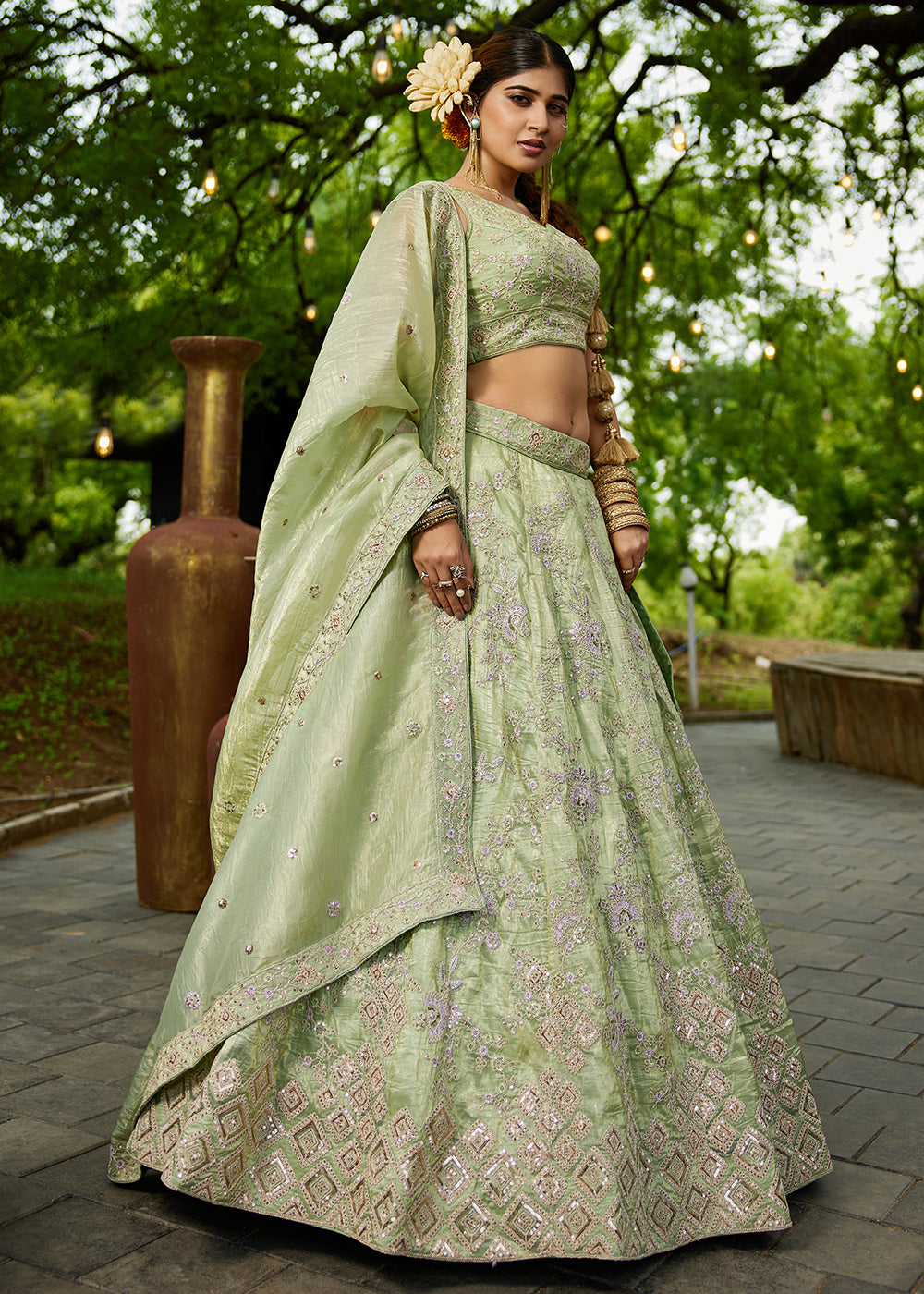 Buy Now Tissue Material Lime Green Wedding Party Lehenga Choli Online in USA, UK, Canada, France, Italy, Germany, Denmark, UAE & Worldwide at Empress Clothing.