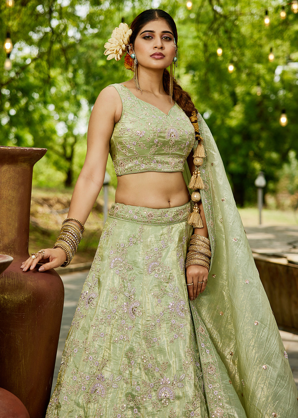 Buy Now Tissue Material Lime Green Wedding Party Lehenga Choli Online in USA, UK, Canada, France, Italy, Germany, Denmark, UAE & Worldwide at Empress Clothing.
