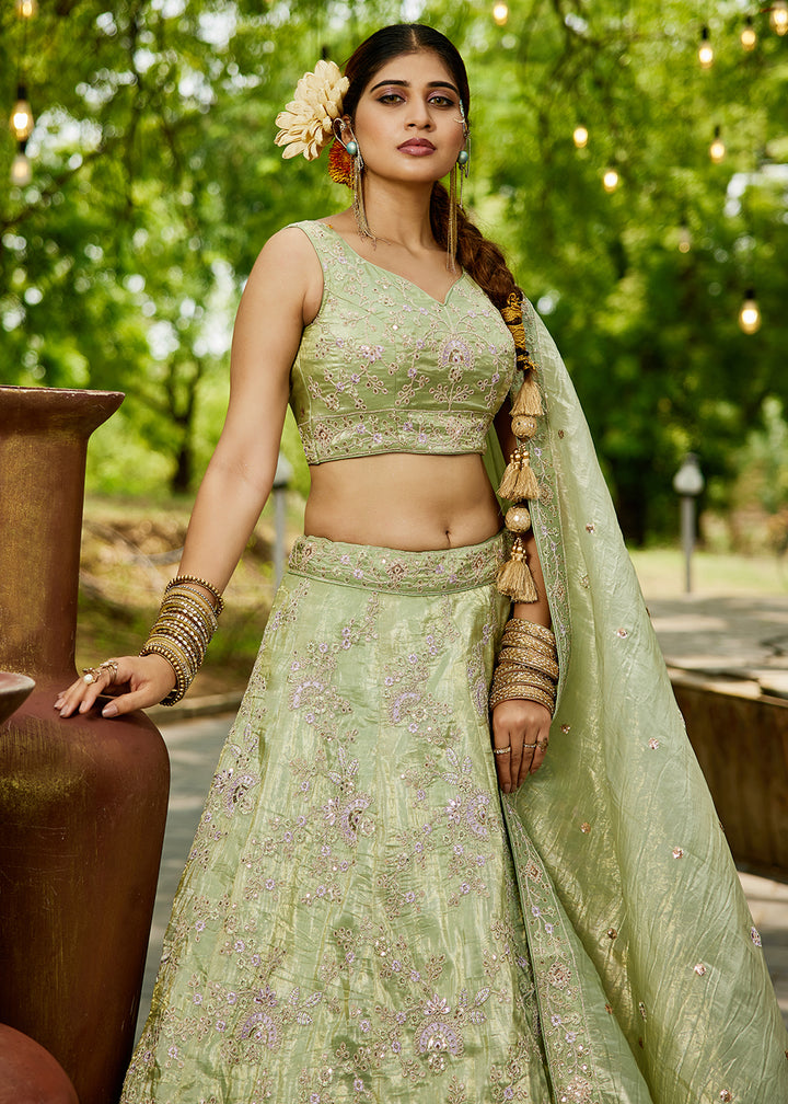 Buy Now Tissue Material Lime Green Wedding Party Lehenga Choli Online in USA, UK, Canada, France, Italy, Germany, Denmark, UAE & Worldwide at Empress Clothing.