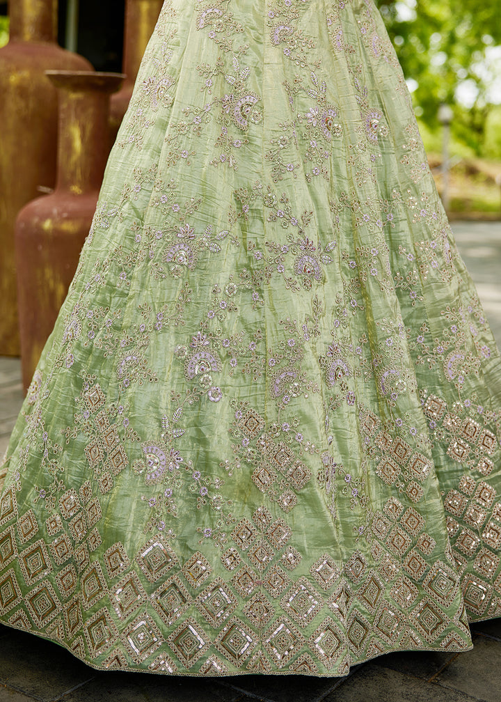 Buy Now Tissue Material Lime Green Wedding Party Lehenga Choli Online in USA, UK, Canada, France, Italy, Germany, Denmark, UAE & Worldwide at Empress Clothing.
