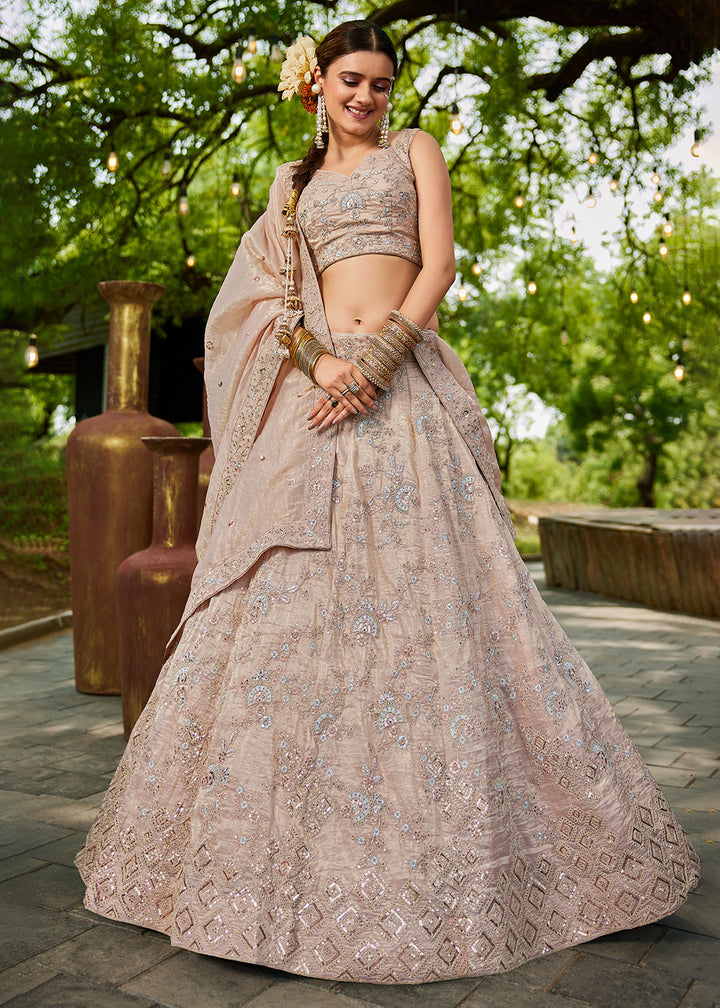 Buy Now Tissue Material Nude Pink Wedding Party Lehenga Choli Online in USA, UK, Canada, France, Italy, Germany, Denmark, UAE & Worldwide at Empress Clothing.
