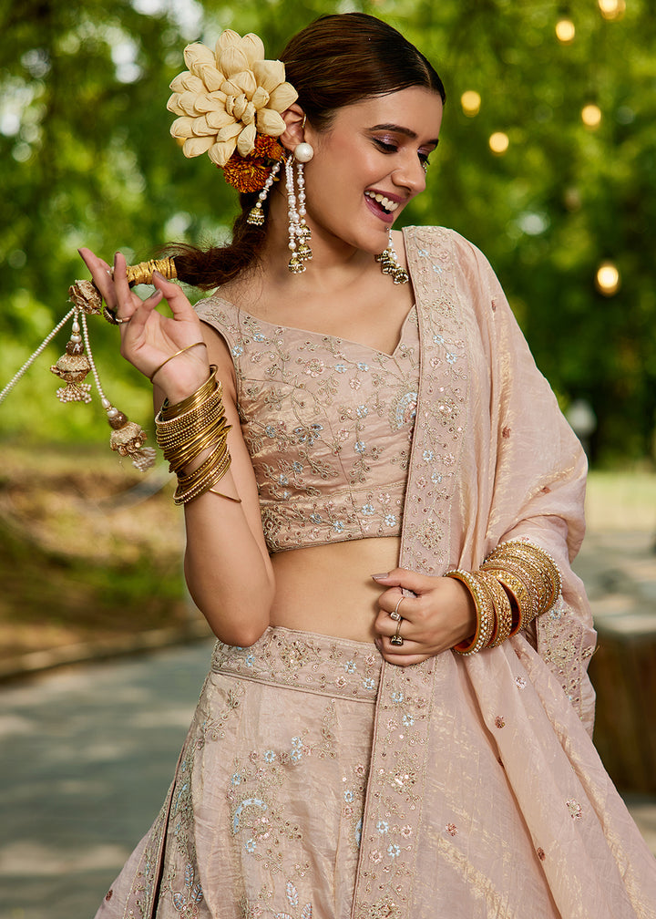 Buy Now Tissue Material Nude Pink Wedding Party Lehenga Choli Online in USA, UK, Canada, France, Italy, Germany, Denmark, UAE & Worldwide at Empress Clothing.