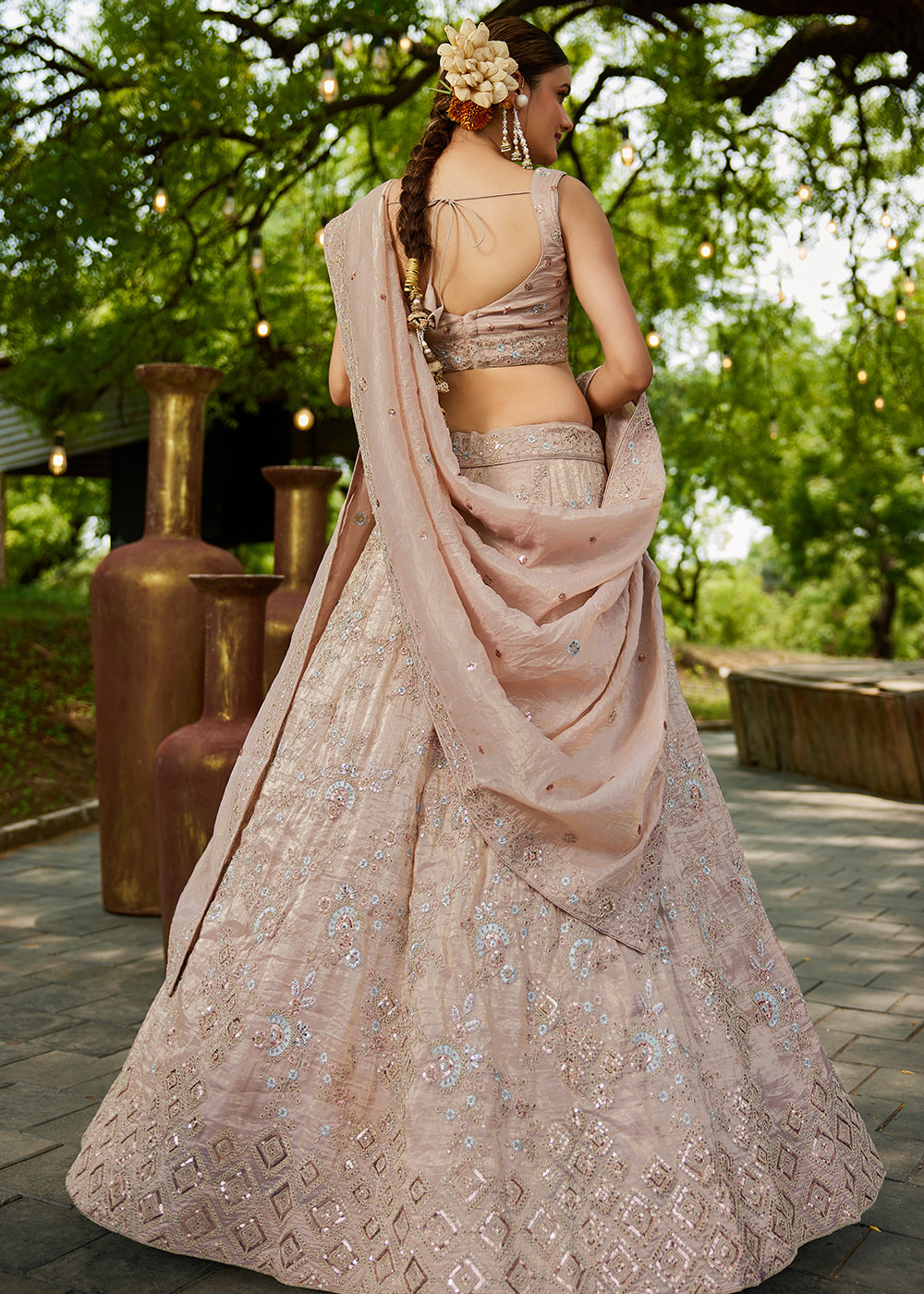 Buy Now Tissue Material Nude Pink Wedding Party Lehenga Choli Online in USA, UK, Canada, France, Italy, Germany, Denmark, UAE & Worldwide at Empress Clothing.