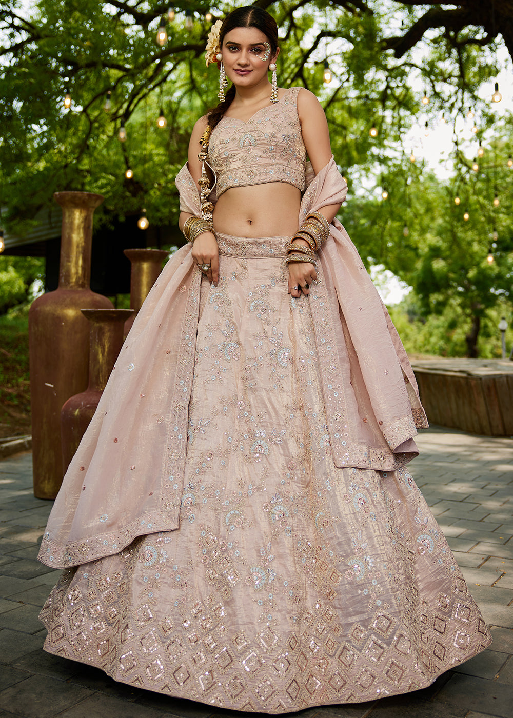 Buy Now Tissue Material Nude Pink Wedding Party Lehenga Choli Online in USA, UK, Canada, France, Italy, Germany, Denmark, UAE & Worldwide at Empress Clothing.