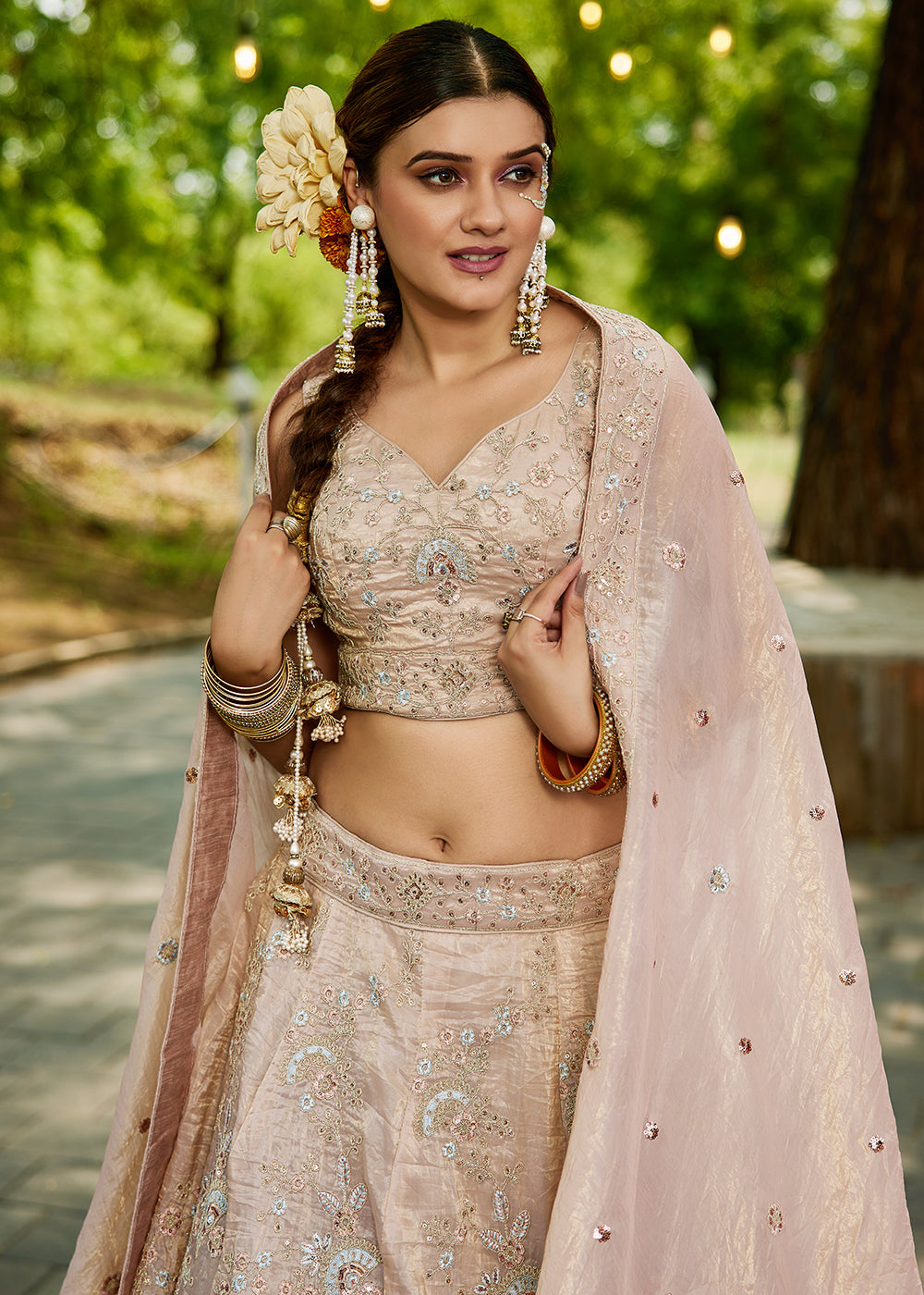 Buy Now Tissue Material Nude Pink Wedding Party Lehenga Choli Online in USA, UK, Canada, France, Italy, Germany, Denmark, UAE & Worldwide at Empress Clothing.