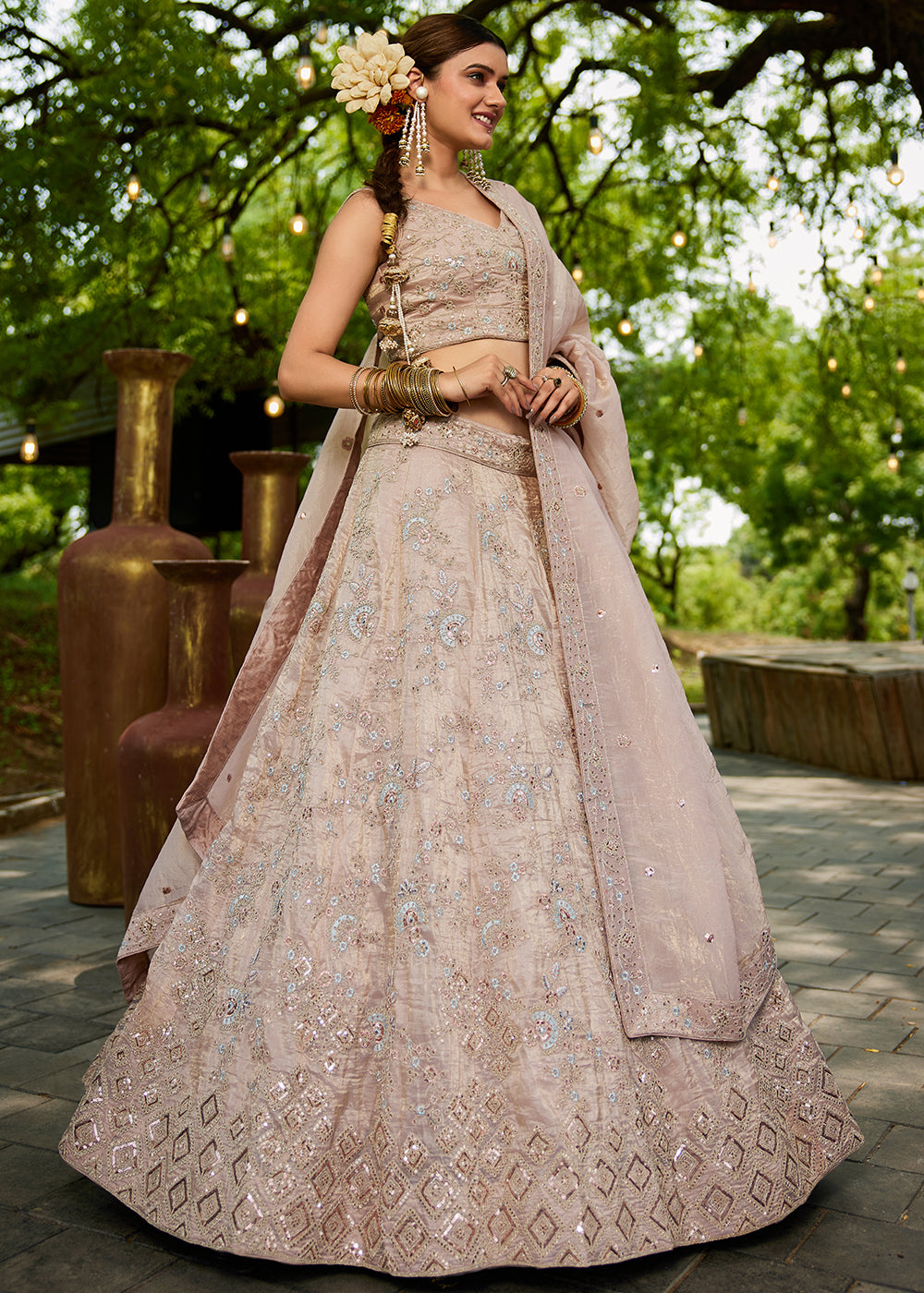 Buy Now Tissue Material Nude Pink Wedding Party Lehenga Choli Online in USA, UK, Canada, France, Italy, Germany, Denmark, UAE & Worldwide at Empress Clothing.
