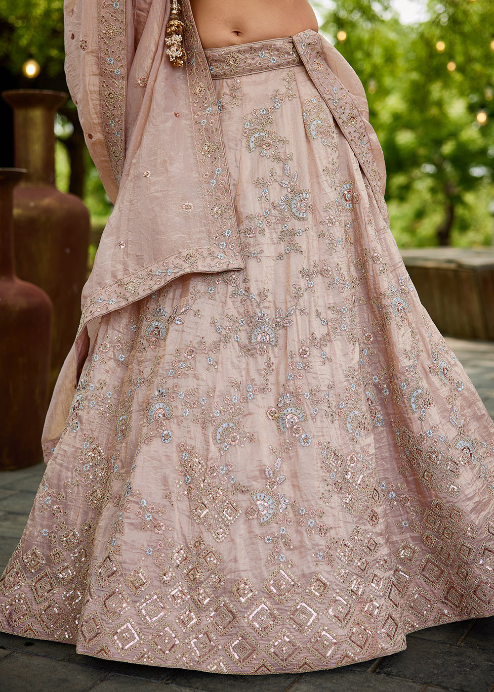 Buy Now Tissue Material Nude Pink Wedding Party Lehenga Choli Online in USA, UK, Canada, France, Italy, Germany, Denmark, UAE & Worldwide at Empress Clothing.