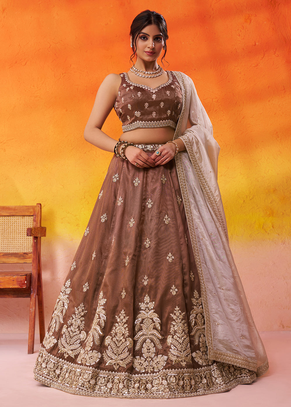Buy Now Tissue Fabric Brown Embroidered Designer Wedding Lehenga Choli Online in USA, UK, Canada, France, Italy, Germany, UAE & Worldwide at Empress Clothing.