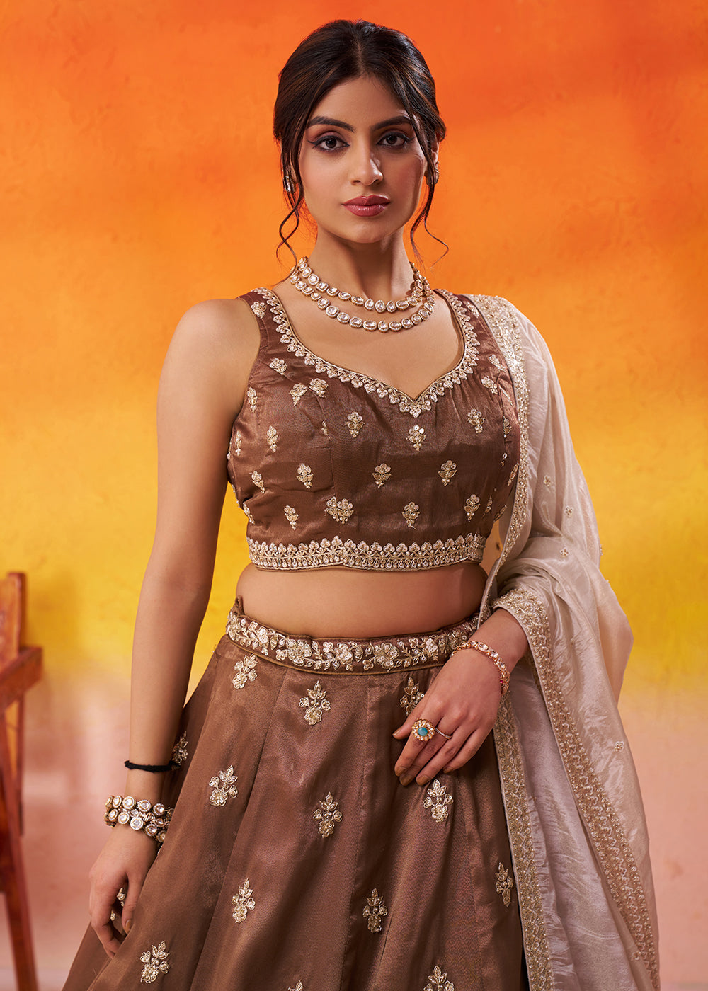 Buy Now Tissue Fabric Brown Embroidered Designer Wedding Lehenga Choli Online in USA, UK, Canada, France, Italy, Germany, UAE & Worldwide at Empress Clothing.