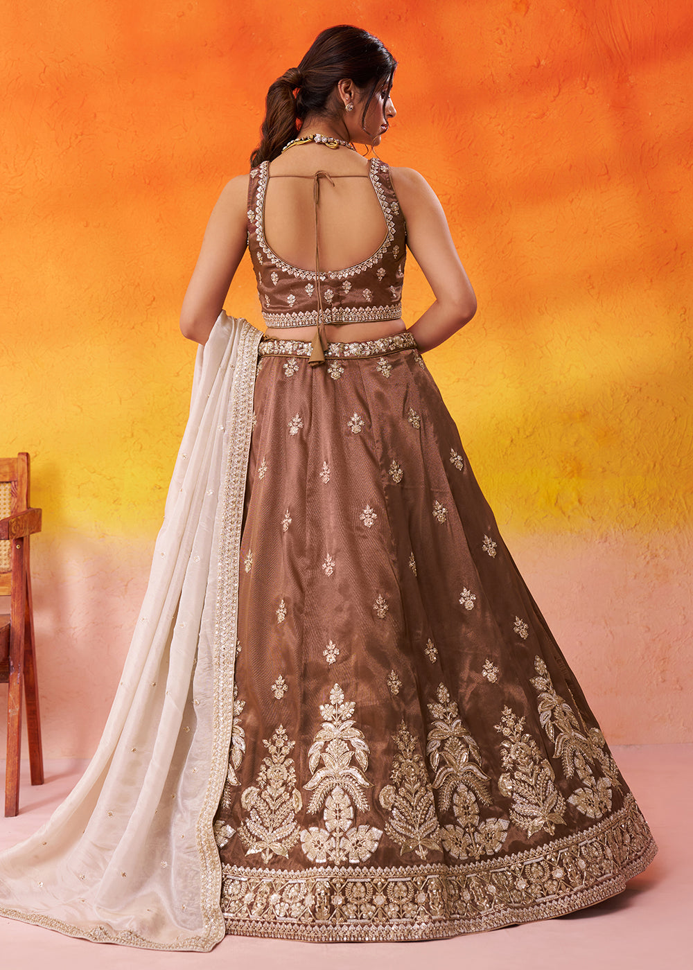 Buy Now Tissue Fabric Brown Embroidered Designer Wedding Lehenga Choli Online in USA, UK, Canada, France, Italy, Germany, UAE & Worldwide at Empress Clothing.