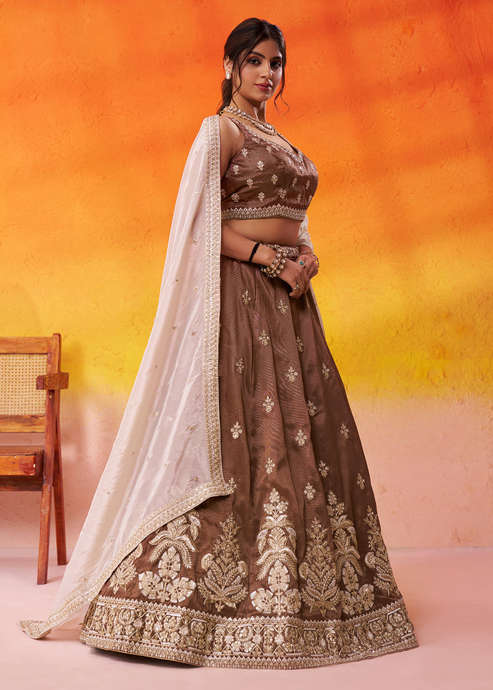 Buy Now Tissue Fabric Brown Embroidered Designer Wedding Lehenga Choli Online in USA, UK, Canada, France, Italy, Germany, UAE & Worldwide at Empress Clothing.