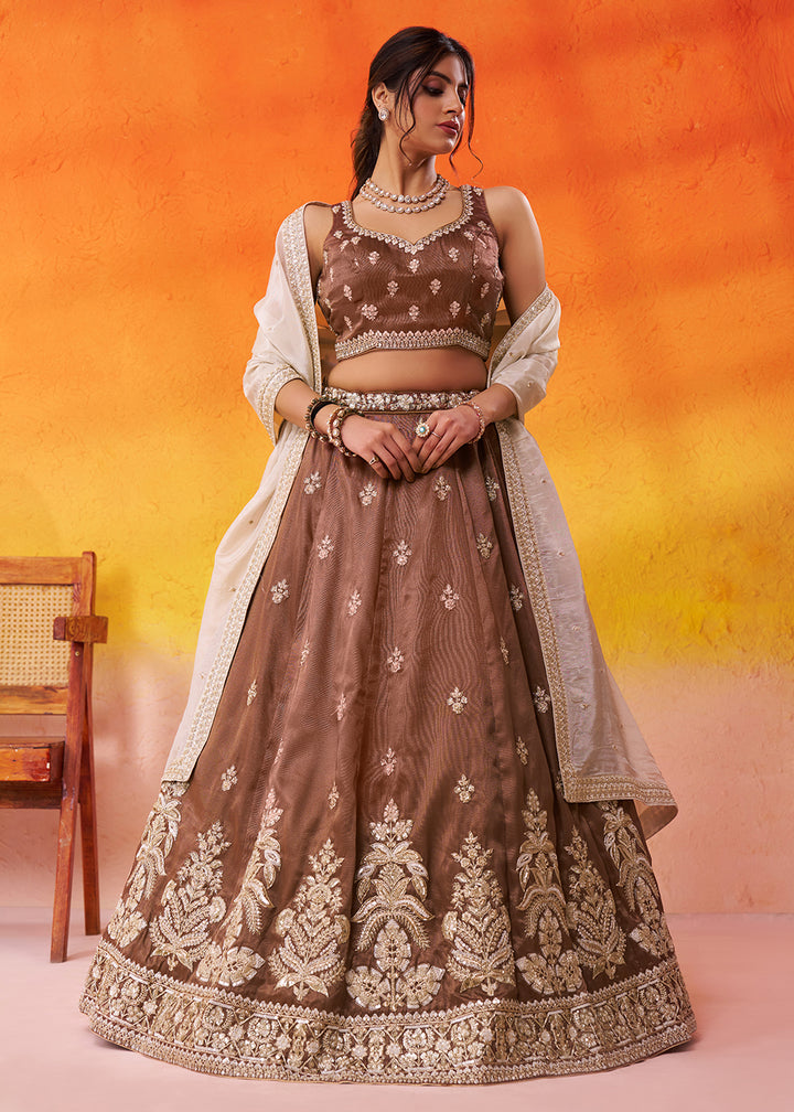 Buy Now Tissue Fabric Brown Embroidered Designer Wedding Lehenga Choli Online in USA, UK, Canada, France, Italy, Germany, UAE & Worldwide at Empress Clothing.