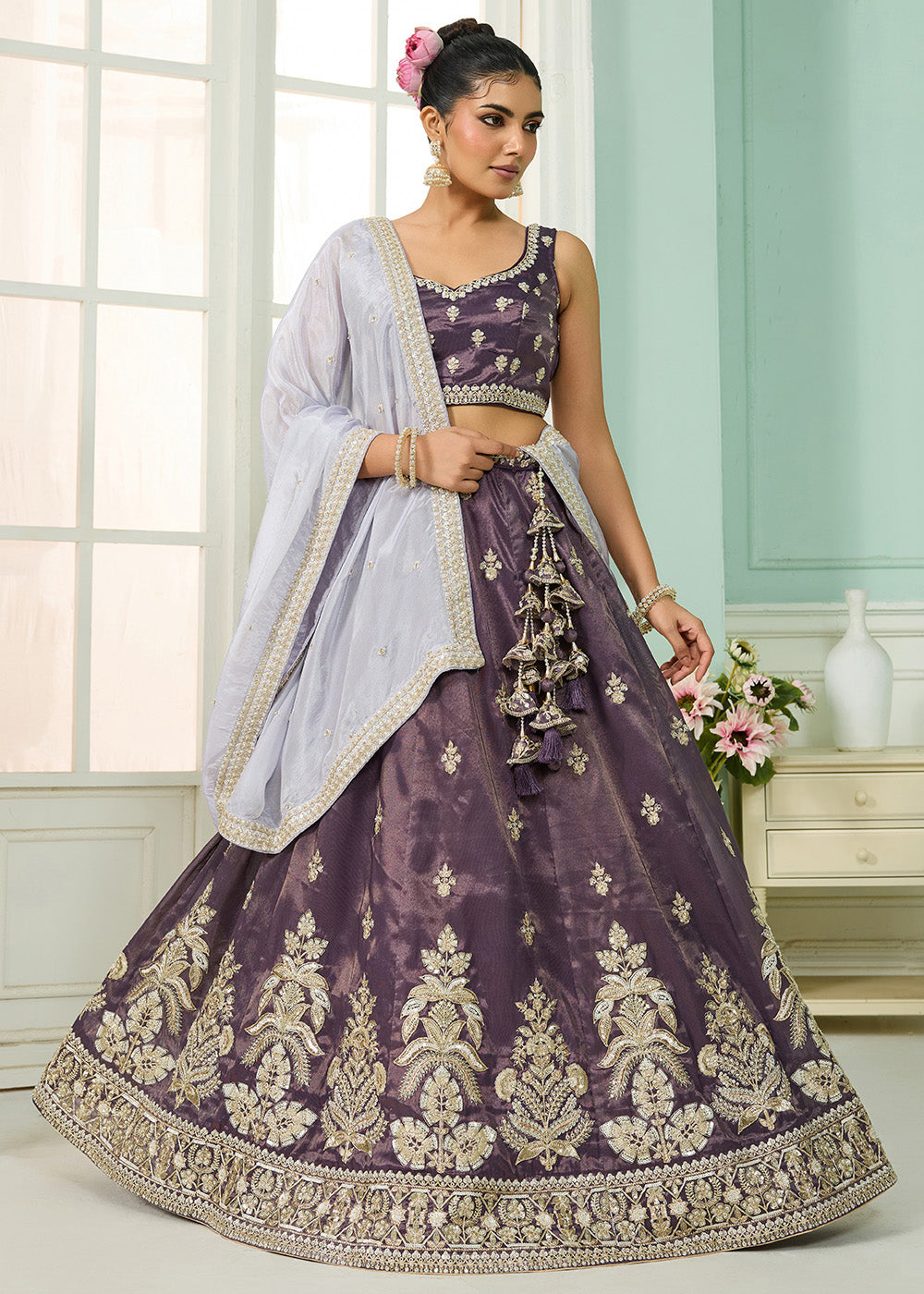 Buy Now Tissue Fabric Purple Embroidered Designer Wedding Lehenga Choli Online in USA, UK, Canada, France, Italy, Germany, UAE & Worldwide at Empress Clothing.