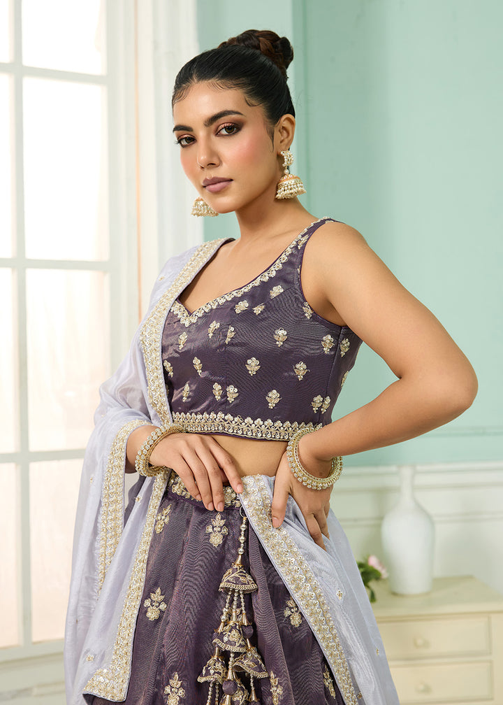 Buy Now Tissue Fabric Purple Embroidered Designer Wedding Lehenga Choli Online in USA, UK, Canada, France, Italy, Germany, UAE & Worldwide at Empress Clothing.