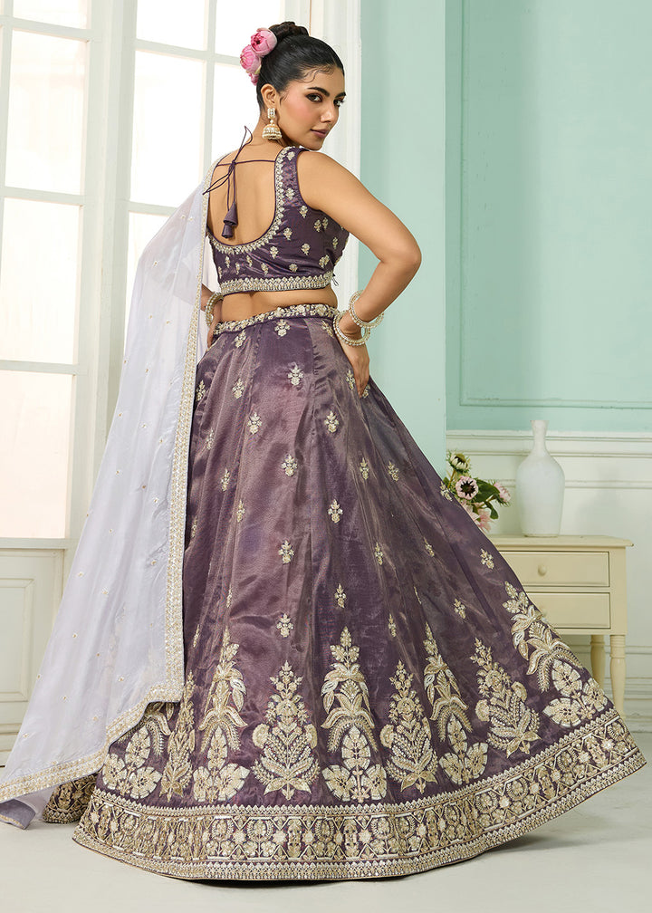 Buy Now Tissue Fabric Purple Embroidered Designer Wedding Lehenga Choli Online in USA, UK, Canada, France, Italy, Germany, UAE & Worldwide at Empress Clothing.