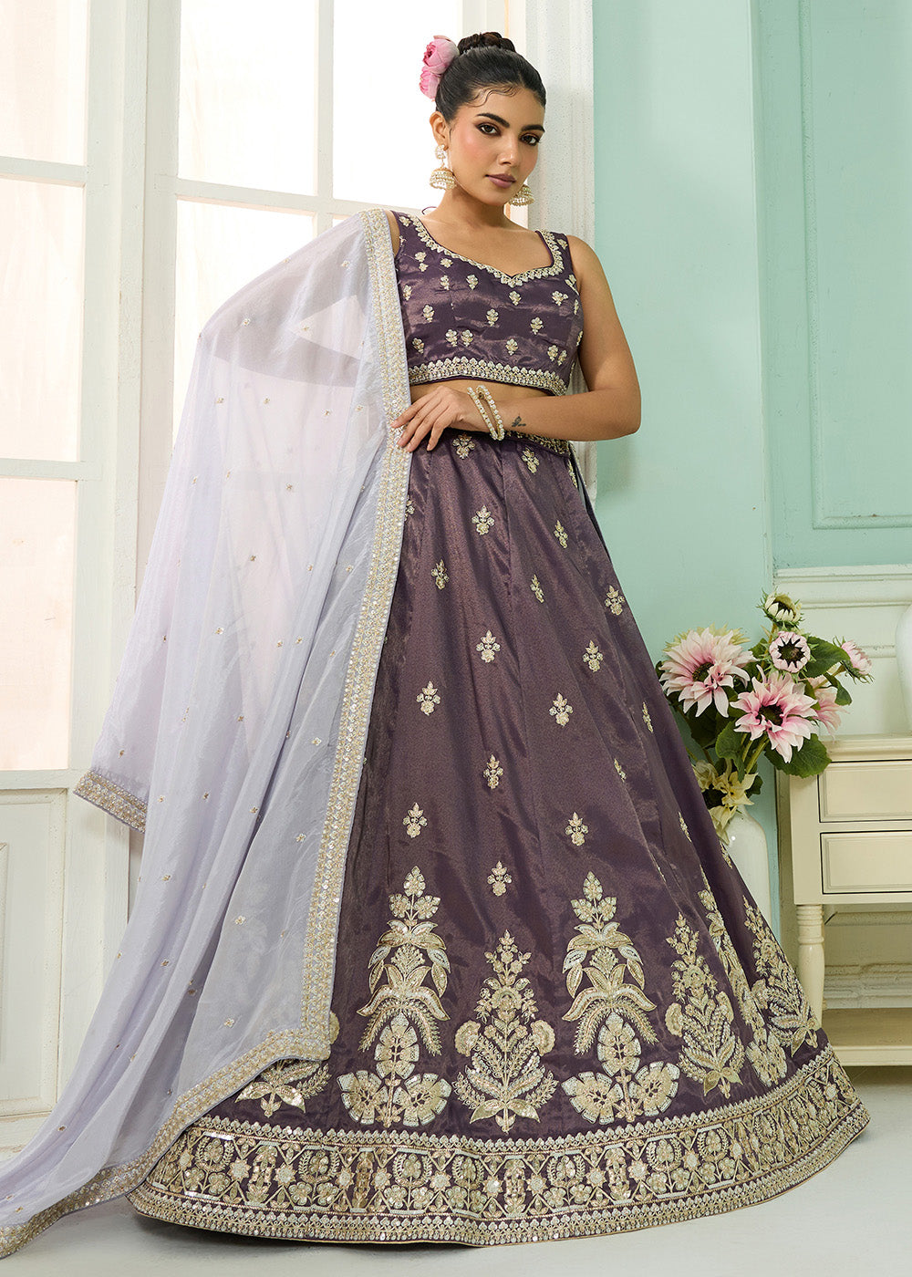 Buy Now Tissue Fabric Purple Embroidered Designer Wedding Lehenga Choli Online in USA, UK, Canada, France, Italy, Germany, UAE & Worldwide at Empress Clothing.