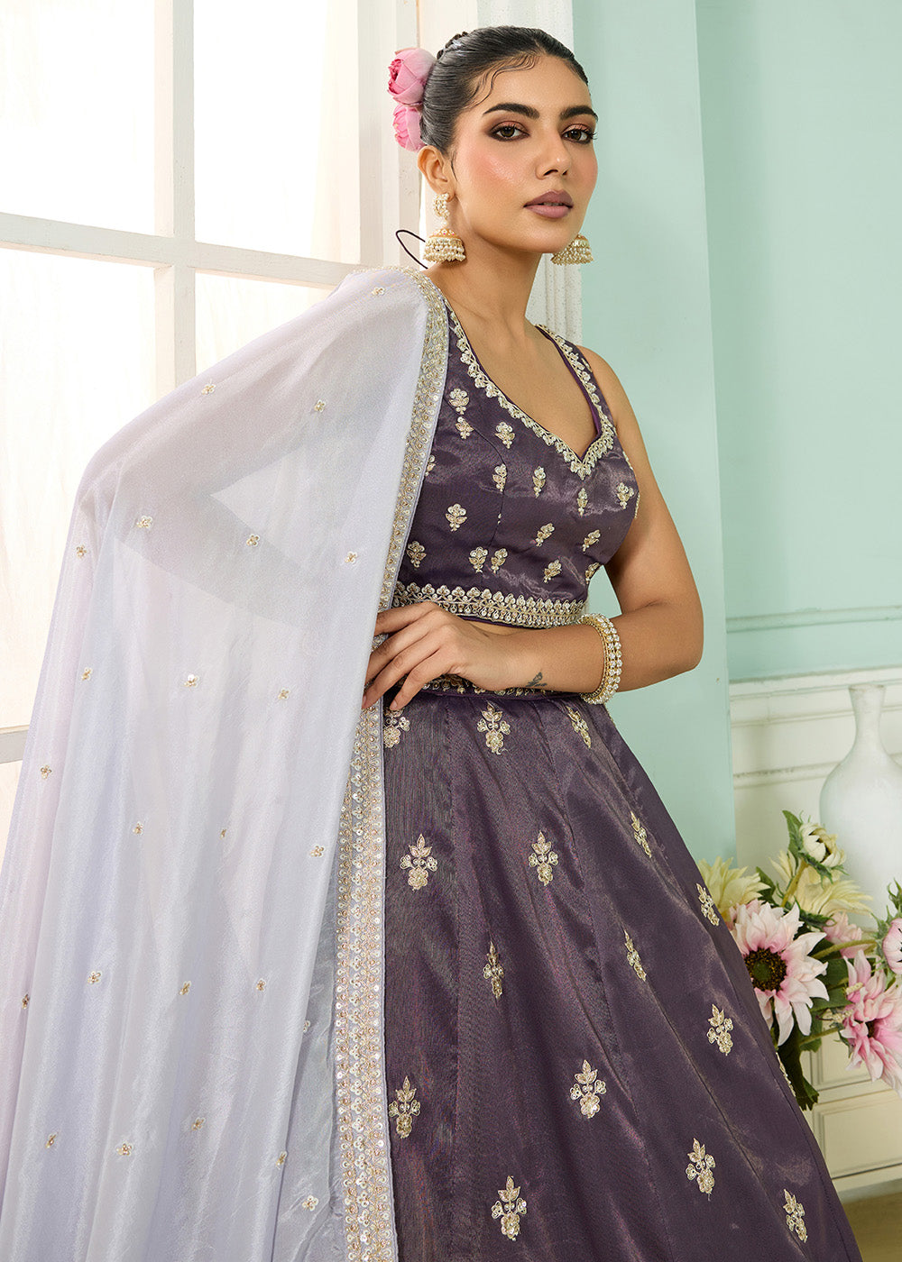 Buy Now Tissue Fabric Purple Embroidered Designer Wedding Lehenga Choli Online in USA, UK, Canada, France, Italy, Germany, UAE & Worldwide at Empress Clothing.