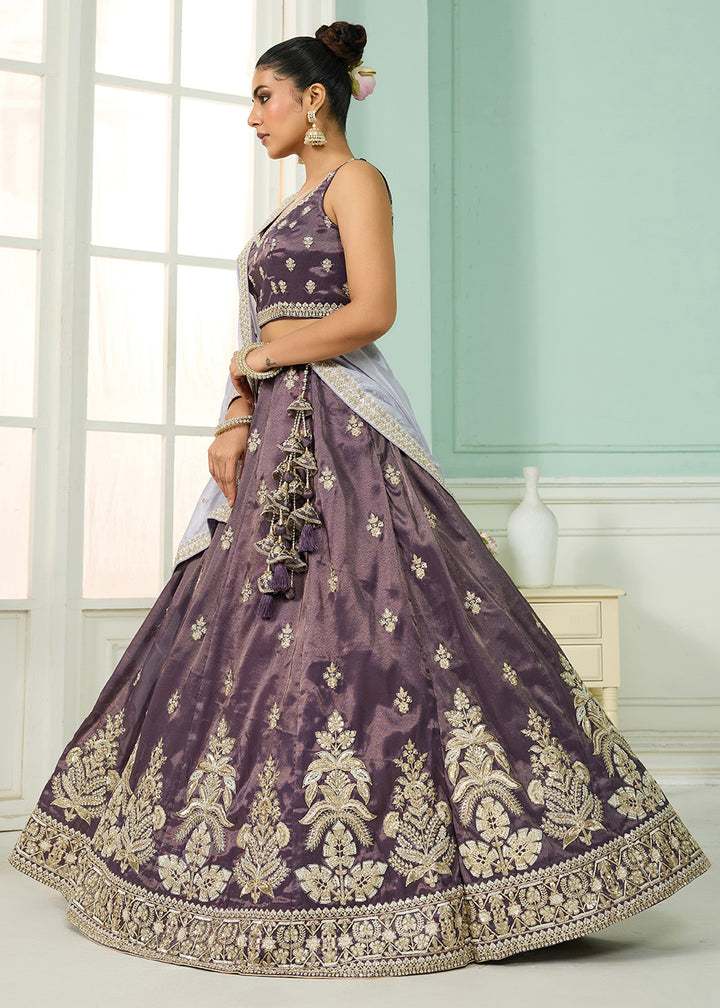 Buy Now Tissue Fabric Purple Embroidered Designer Wedding Lehenga Choli Online in USA, UK, Canada, France, Italy, Germany, UAE & Worldwide at Empress Clothing.