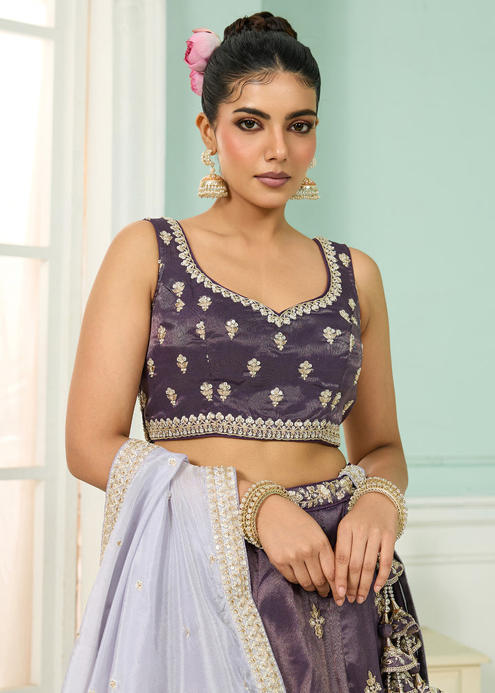 Buy Now Tissue Fabric Purple Embroidered Designer Wedding Lehenga Choli Online in USA, UK, Canada, France, Italy, Germany, UAE & Worldwide at Empress Clothing.