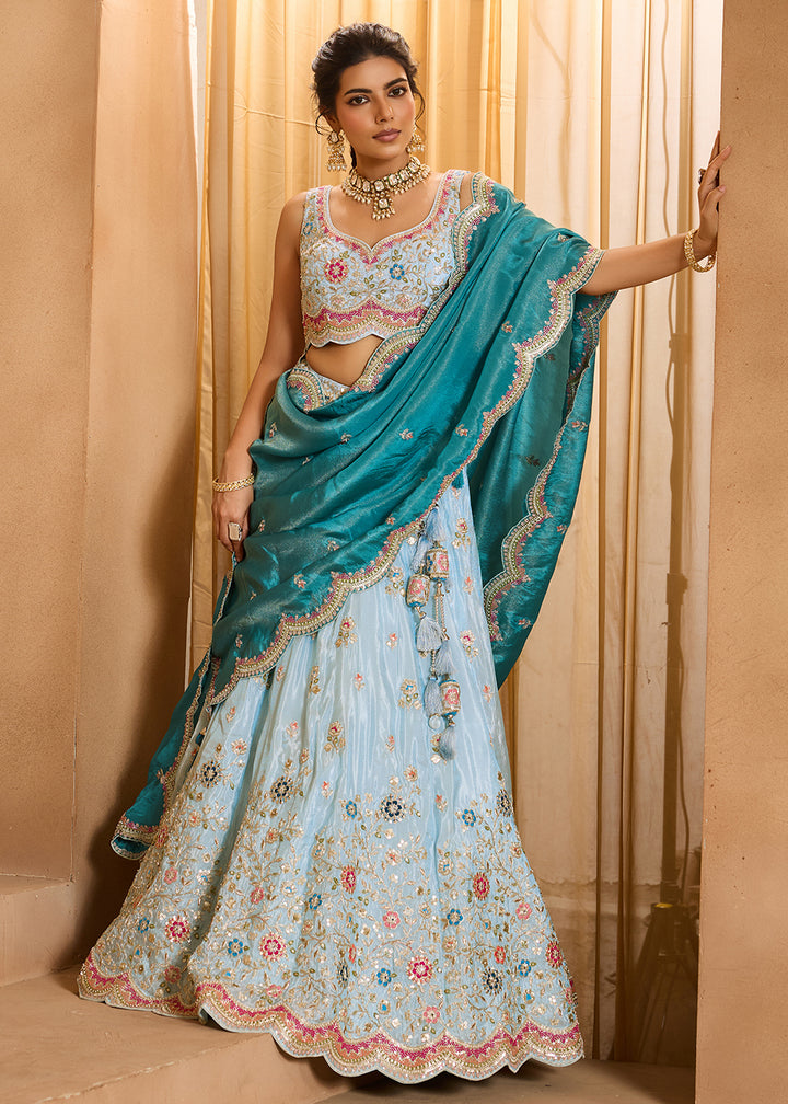 Buy Now Breathtaking Turquoise Blue Wedding Designer Lehenga Choli Online in US, UK, Canada, France, Italy, Germany, Sweden, Denmark, Greece, UAE & Worldwide at Empress.