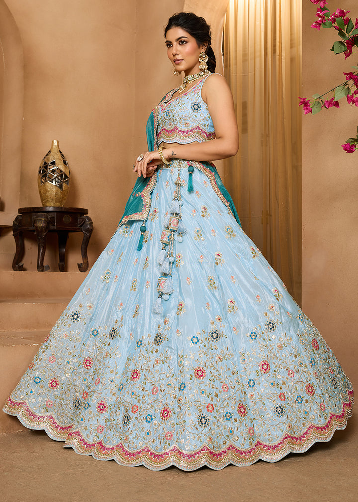 Buy Now Breathtaking Turquoise Blue Wedding Designer Lehenga Choli Online in US, UK, Canada, France, Italy, Germany, Sweden, Denmark, Greece, UAE & Worldwide at Empress.