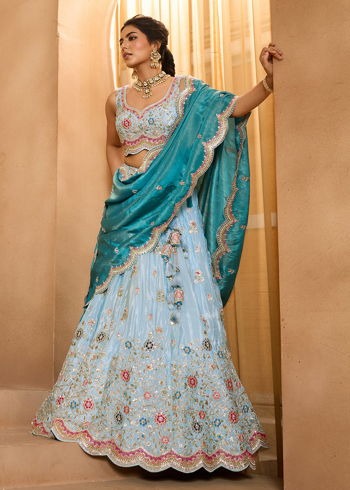 Buy Now Breathtaking Turquoise Blue Wedding Designer Lehenga Choli Online in US, UK, Canada, France, Italy, Germany, Sweden, Denmark, Greece, UAE & Worldwide at Empress.
