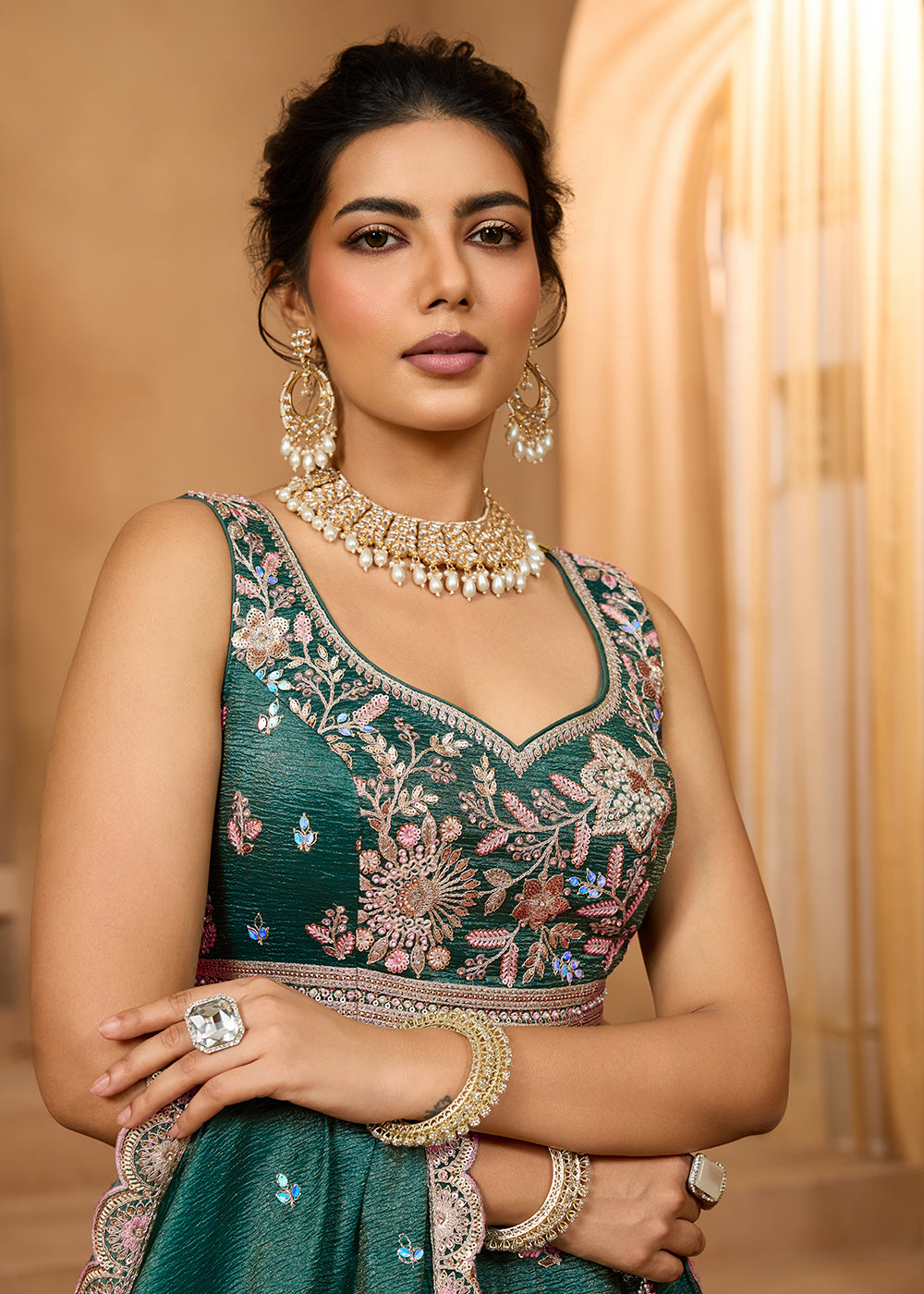 Buy Now Designer Green Wedding Style Tissue Lehenga Choli Online in US, UK, Canada, France, Italy, Germany, Sweden, Denmark, Greece, UAE & Worldwide at Empress.