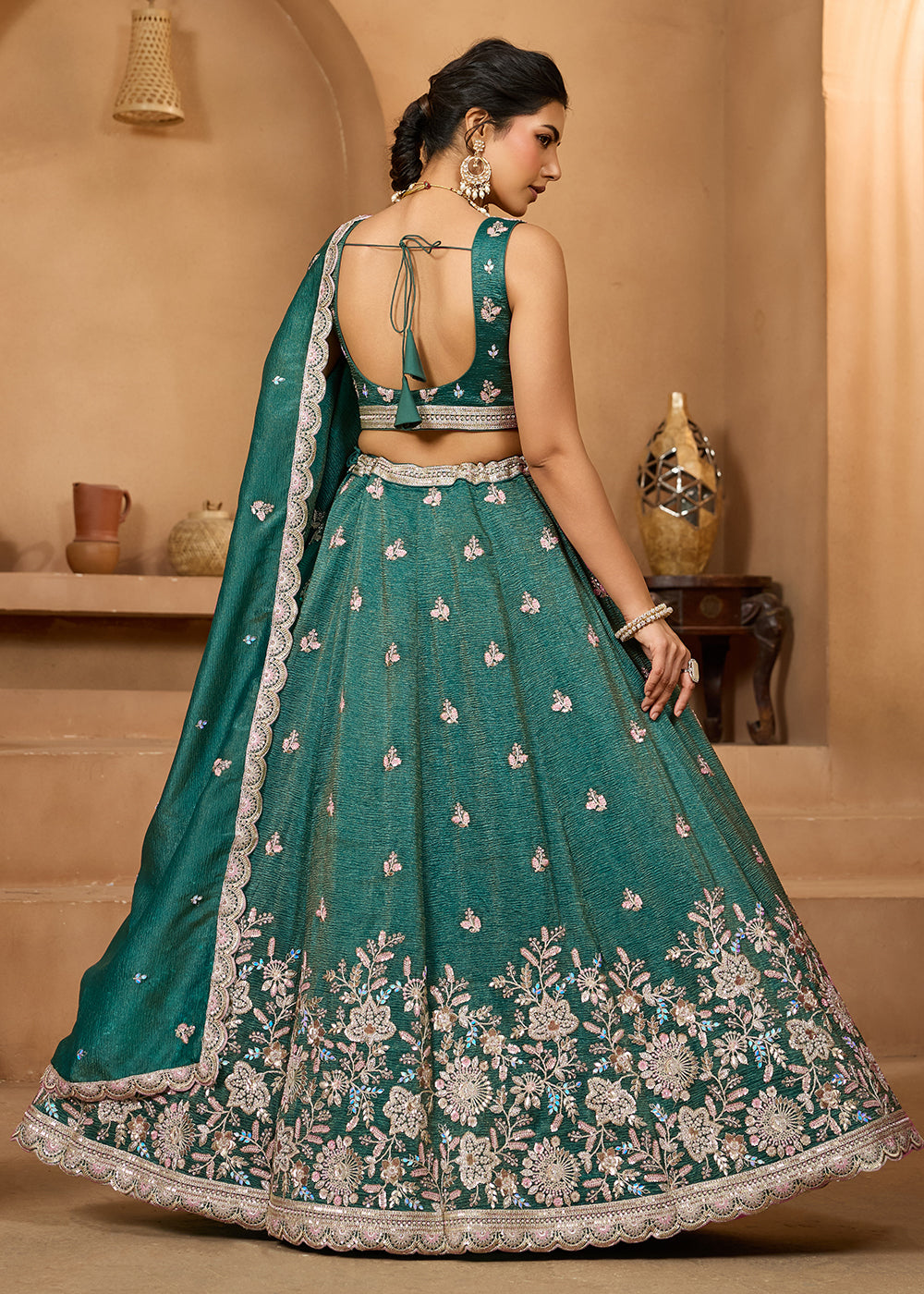 Buy Now Designer Green Wedding Style Tissue Lehenga Choli Online in US, UK, Canada, France, Italy, Germany, Sweden, Denmark, Greece, UAE & Worldwide at Empress.