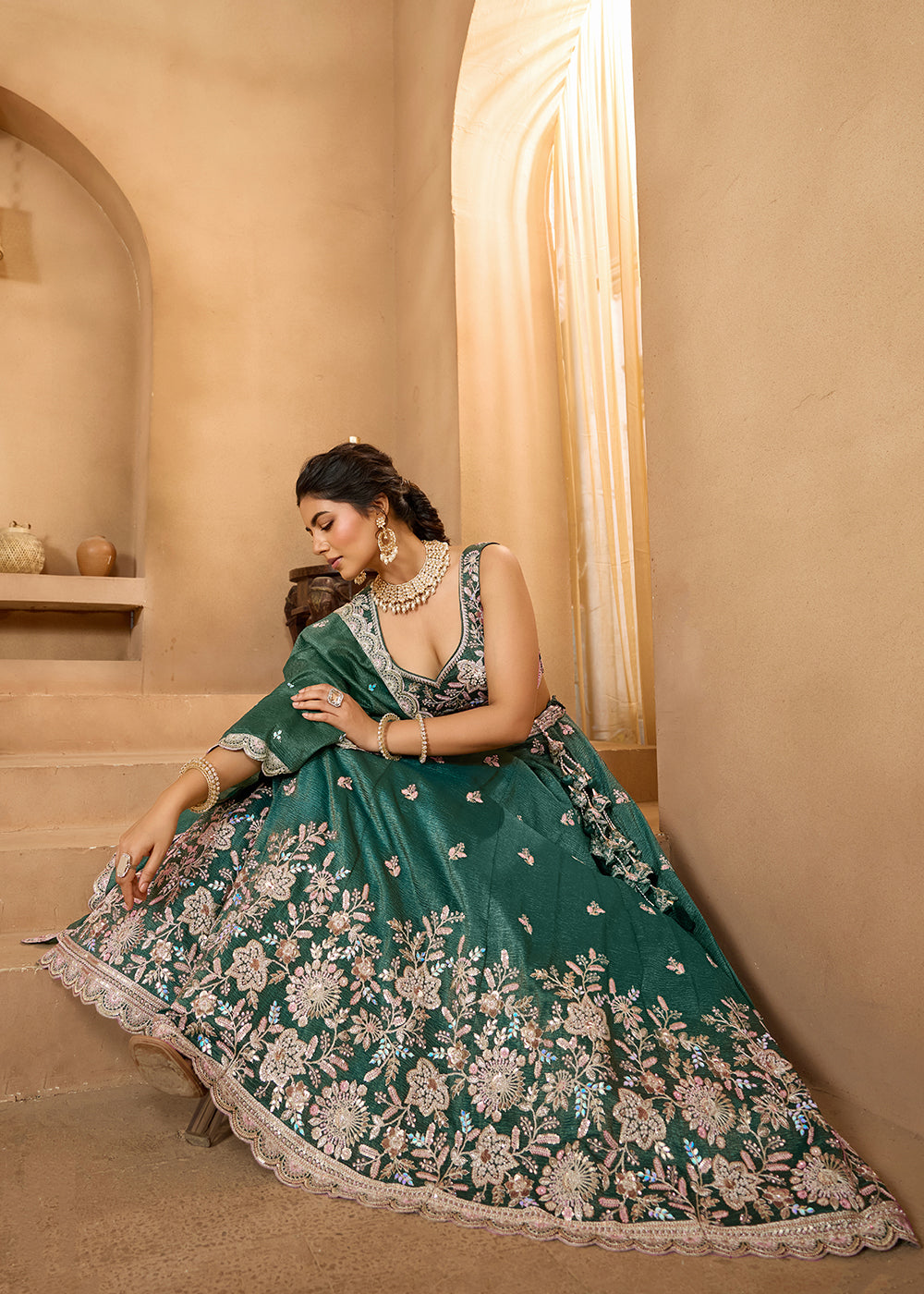 Buy Now Designer Green Wedding Style Tissue Lehenga Choli Online in US, UK, Canada, France, Italy, Germany, Sweden, Denmark, Greece, UAE & Worldwide at Empress.